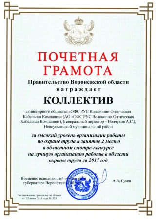 Почетная грамота за лучшую организацию работы в области охраны труда
